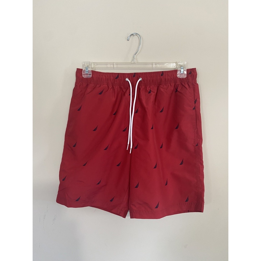 Nautica Men's Red Swim Trunks Sailboat Pockets Elastic Waist Size Medium Classic